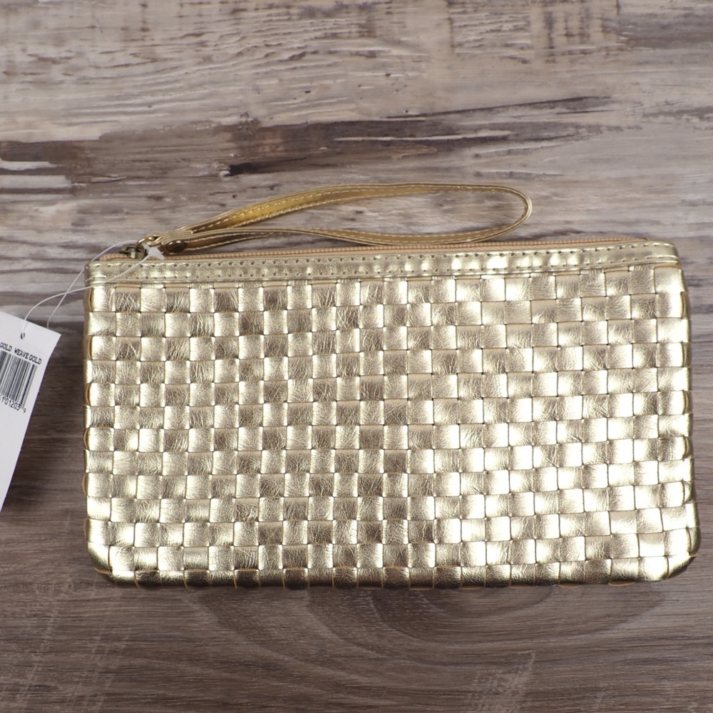 NWT Saks Fifth Avenue gold leather woven wristlet